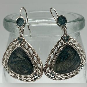 Boho Silver-Tone Filigree Drop Earrings with Marbled Blue Stone Inlay